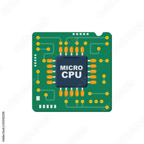 Computer chip isolated on a white background close-up. Computer processor flat design. Green board. Vector illustration. Modern technology, an element for chipping and control.