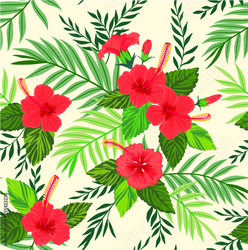 Seamless pattern with tropical flowers and leaves. Hibiscus flowers. Bright jungle pattern with palm leaves and exotic plants. Elegant template with Hawaiian motifs on a white background.