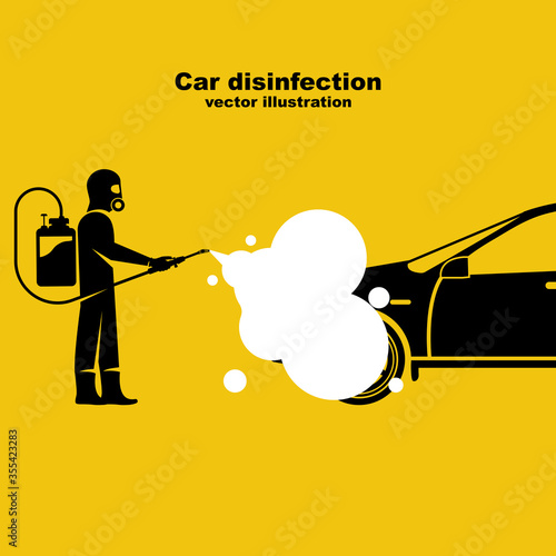 Car disinfection black icon. Cleaning and washing vehicle. Prevention coronavirus covid-19. Man in hazmat. Spraying from bacteria.Vector illustration flat design. Clean car with a disinfectant spray