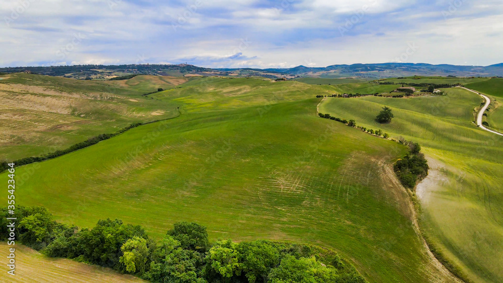 Amazing aerial view of beautiful Tuscany Hills in spring season, Italy