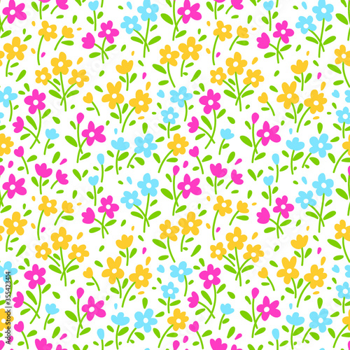 Vintage floral background. Seamless vector pattern for design and fashion prints. Flowers pattern with small colorful flowers on a white background. Ditsy style. 