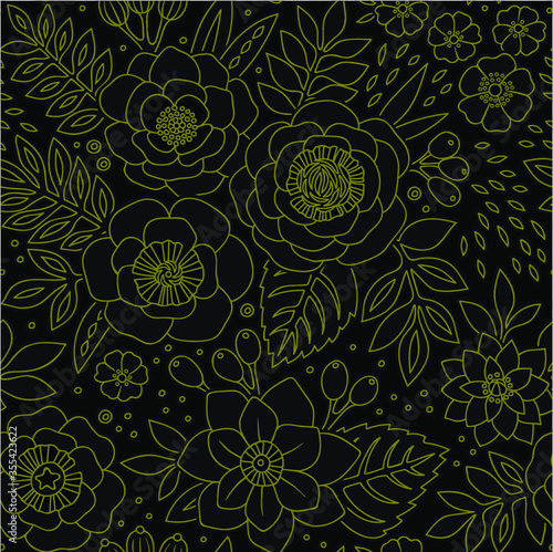 Seamless pattern with outline of stylized flowers. Beautiful monochrome floral background. Can be used for textiles, book covers, packaging, wedding invitations. Vector hand drawn illustration.
