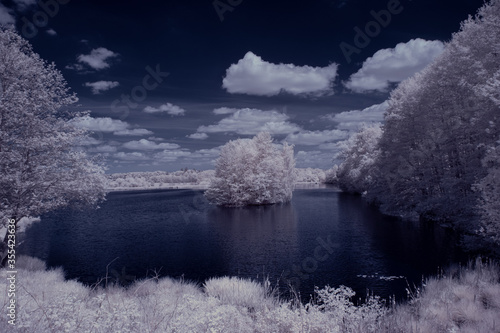 infrared photography - ir photo of landscape with tree under sky with clouds - the art of our world and plants in the infrared camera spectrum