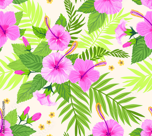 Seamless pattern with tropical flowers and leaves. Hibiscus flowers. Bright jungle pattern with palm leaves and exotic plants. Elegant template with Hawaiian motifs on a white background.