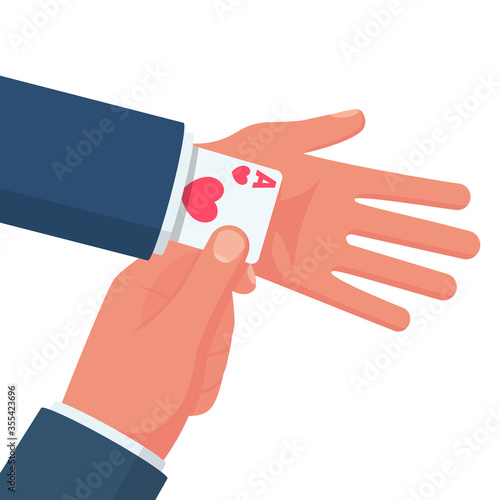 Ace in the sleeve. Businessman in a suit with a card up sleeve