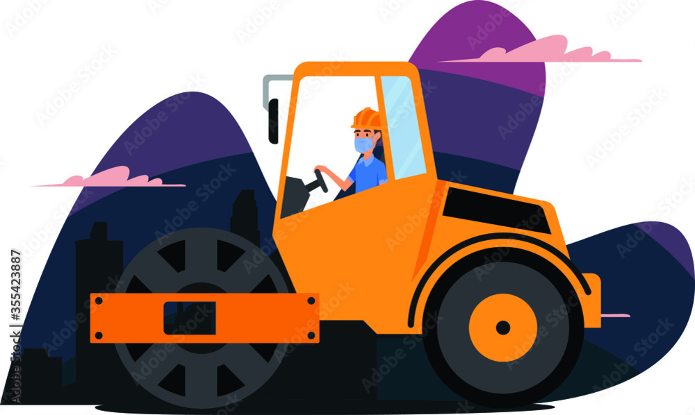 Naklejka premium Construction worker controling construction vehicle while using medical mask