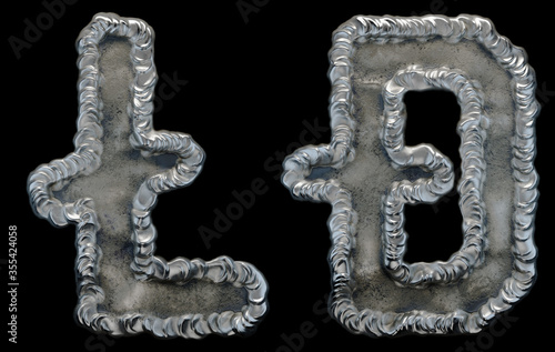 Set of symbols litecoin and dashcoin made of industrial metal on black background 3d