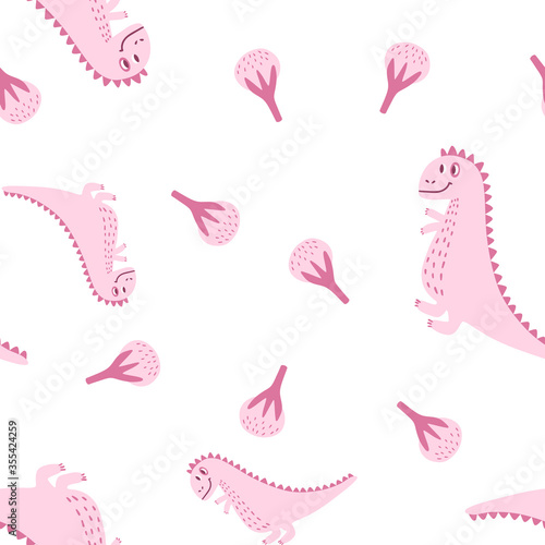 Delicate childrens pattern with dinosaurs and flowers. Vector illustration in the Doodle style. Seamless pattern for fabric, children clothing, t-shirts or background.
