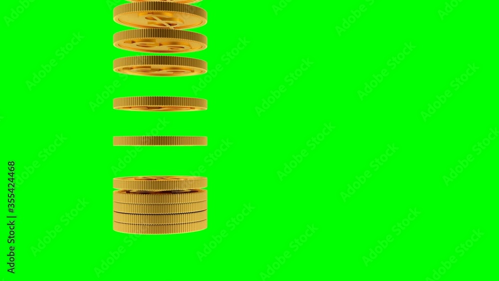 3D animation of falling gold coins with a dollar sign stacked in a ...