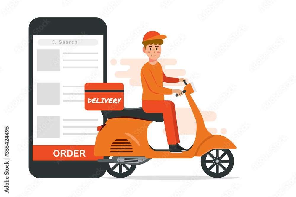 delivery online concept.delivery man riding on orange scooter isolated on white background illustration vector