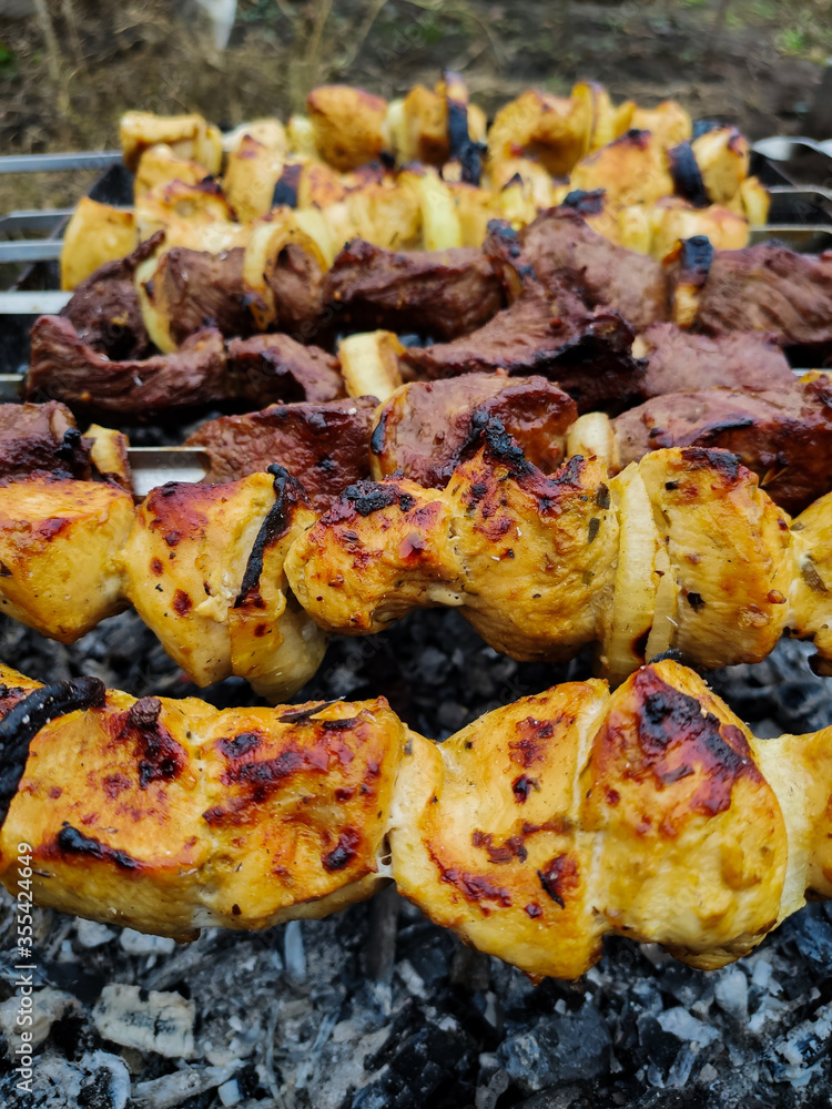 meat on a skewer on the grill on a picnic meat on a skewer on the grill on a picnic
