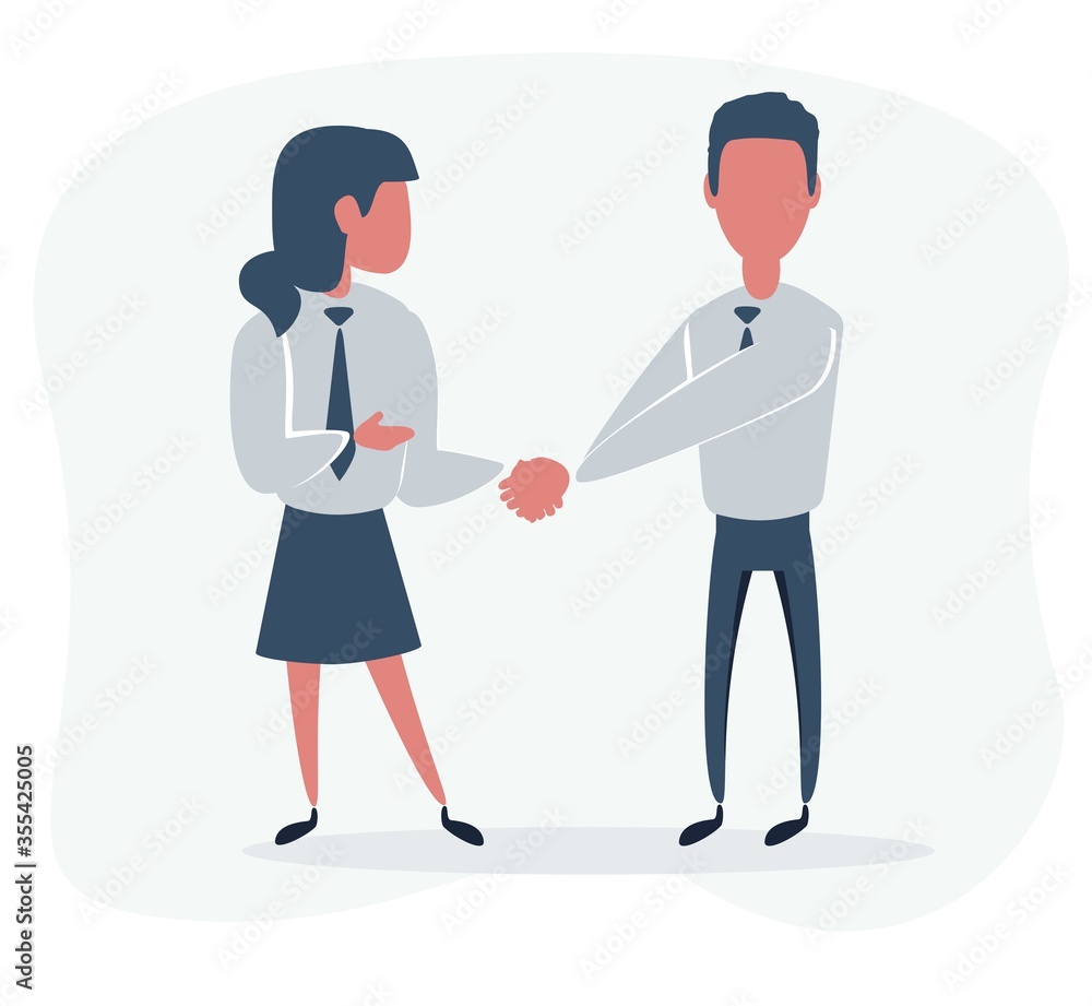 Businessman and businesswoman are shaking hands. Vector flat design illustration. Businessman and businesswoman are shaking hands. Vector flat design illustration.