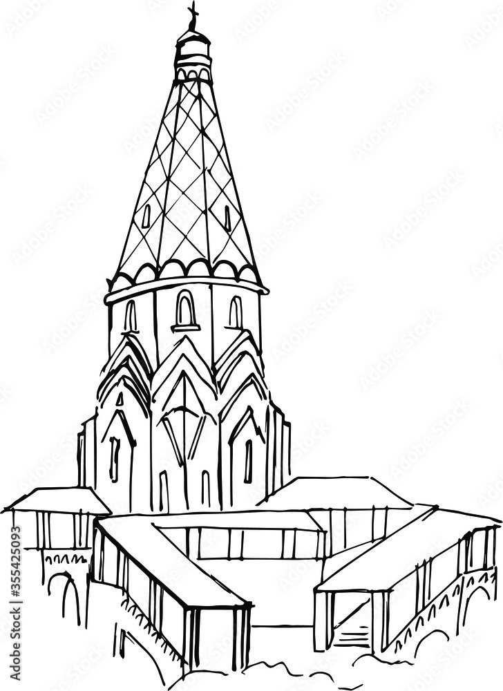 Hand-drawn Russian Orthodox Church. Vector linear black and white illustration of the Church of the ascension in Moscow in Kolomenskoye Park. Russian architecture . Retro sketch style. Isolated