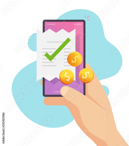 Mobile phone receipt billing accounting with money or smartphone cash payment transaction vector flat cartoon illustration, cellphone financial concept, cellular currency pay modern design image
