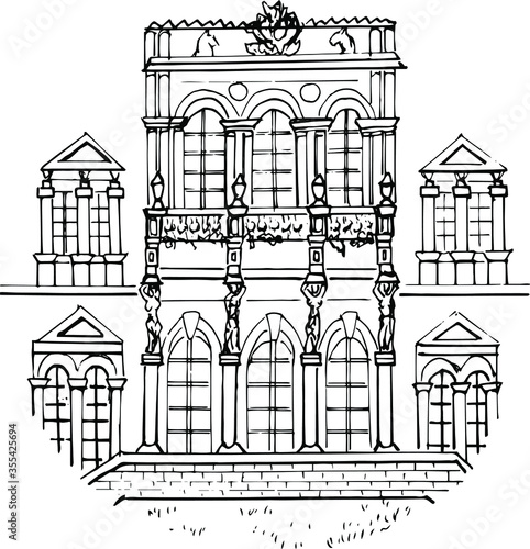 Hand-drawn Palace estate in Bykovo. Moscow oblast. Vector linear black and white illustration of Russian architecture . Retro sketch style. Isolated