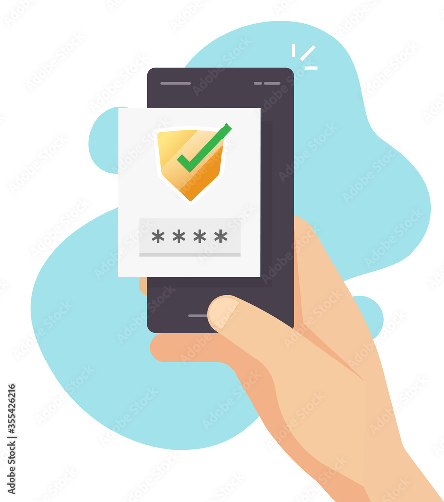 Login password verification code push message or sms for 2fa authentication with shield icon in mobile phone or smartphone screen vector flat cartoon modern design, two factor, multi factor idea Login password verification code push message or sms for 2fa authentication with shield icon in mobile phone or smartphone screen vector flat cartoon modern design, two factor, multi factor idea