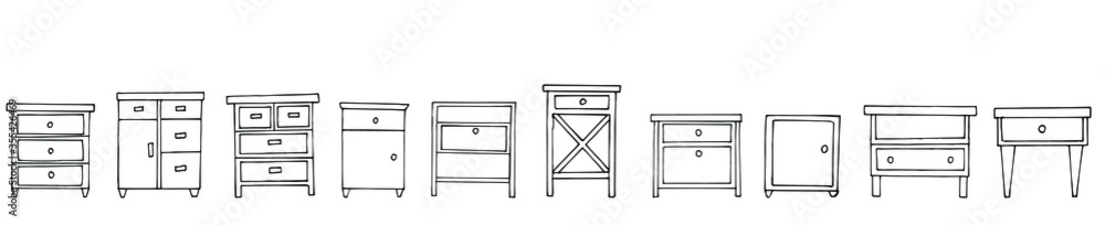 A set of nightstands. Sketch stile. A linear pattern. Black and white doodles Isolated on a white background. Vector collection of modern furniture for bedroom, study, living room. A set of nightstands. Sketch stile. A linear pattern. Black and white doodles Isolated on a white background. Vector collection of modern furniture for bedroom, study, living room.