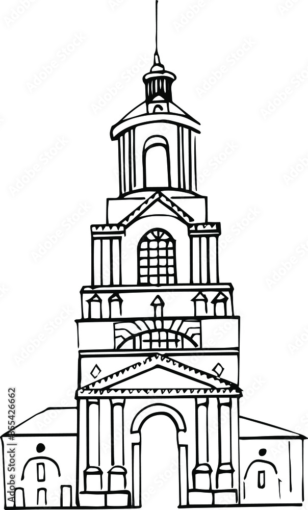 Hand-drawn Russian Orthodox Church. Vector linear black and white illustration of a Monastery in Suzdal. Russian architecture. Retro sketch style. Isolated