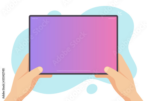 Tablet in hand vector or person holding portable computer screen blank empty for copy space text and presentation flat cartoon illustration image