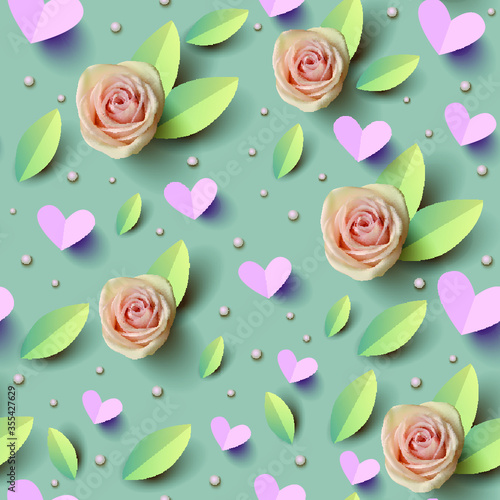Seamless pattern with realistic roses paper hearts and pearls, vector illustration