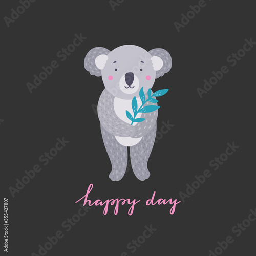 Little koala standing with eucalyptus branch. Vector koala animal illustration and lettering. Cute kids clipart
