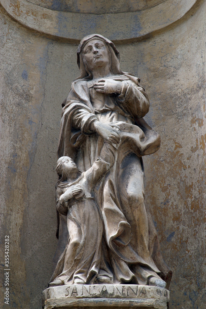 Saint Anne with the Virgin Mary, sculpture on the facade of the Franciscan Church of Saint Catherine of Alexandria in Krapina, Croatia