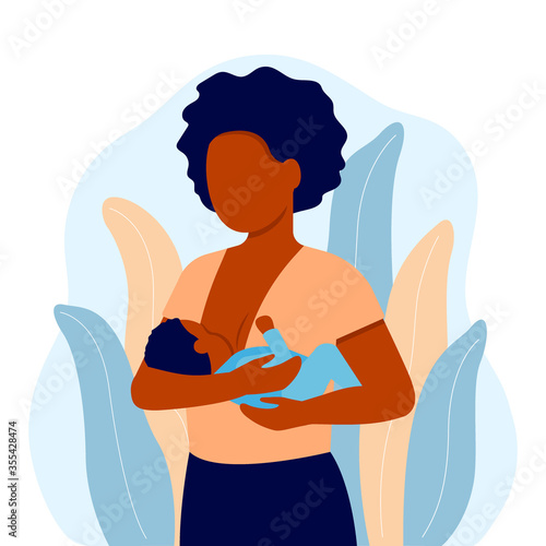 Breastfeeding, black mother feeding newborn baby with breast in hands. Child boy drinks milk from the female breast. Breast feeding, happy mother day. Lactation. Vector illustration