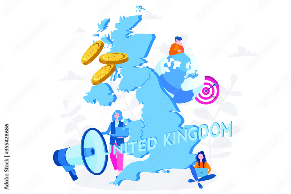 Fototapeta premium United Kingdom map with people, Welcome to United Kingdom, advertising and promo, United Kingdom economy. Vector illustration for web banner, infographics, mobile. 