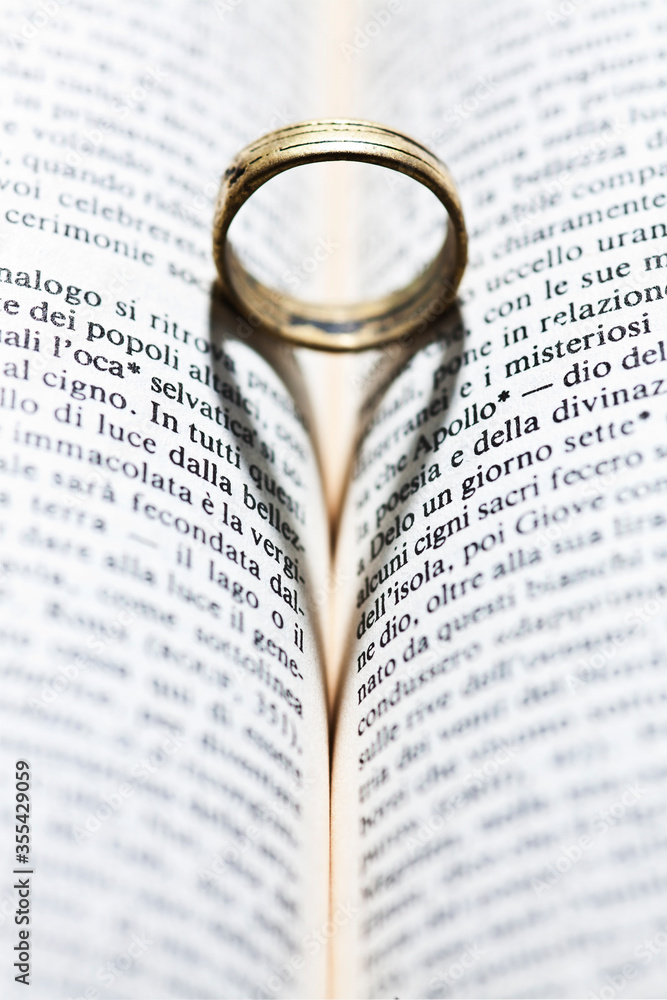 Fototapeta premium Anello su libro con ombra cuore.