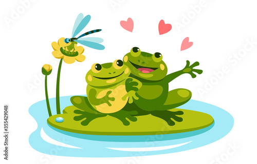 Two frogs in love are sitting on a leaf of a water plant hugging, talking, they have a date.