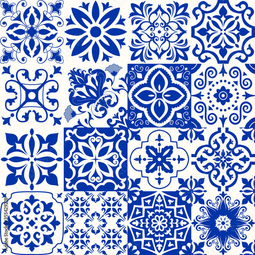 Set of 16 tiles Azulejos in blue, white. Original traditional Portuguese and Spain decor. Seamless patchwork tile with Victorian motives. Ceramic tile in talavera style. Gaudi mosaic. Vector