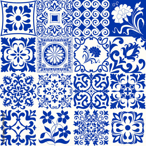 Set of 16 tiles Azulejos in blue, white. Original traditional Portuguese and Spain decor. Seamless patchwork tile with Victorian motives. Ceramic tile in talavera style. Gaudi mosaic. Vector