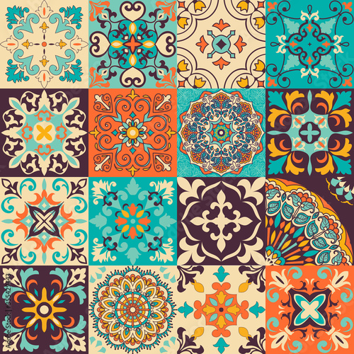 Set of 16 bright tiles Azulejos. Original traditional Portuguese and Spain decor. Seamless patchwork tile with Victorian motives. Ceramic tile in talavera style. Gaudi mosaic. Vector