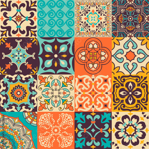 Set of 16 bright tiles Azulejos. Original traditional Portuguese and Spain decor. Seamless patchwork tile with Victorian motives. Ceramic tile in talavera style. Gaudi mosaic. Vector