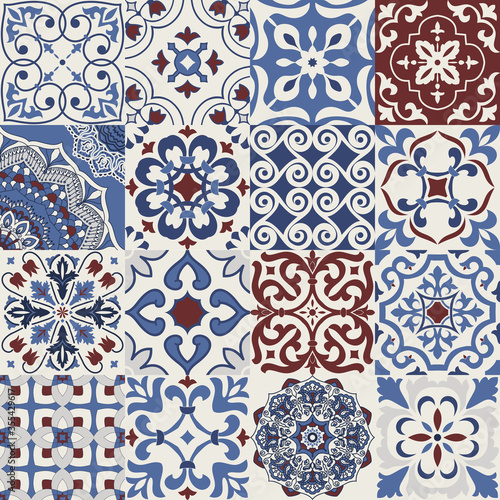 Set of 16 tiles Azulejos in blue, brown. Original traditional Portuguese and Spain decor. Seamless patchwork tile with Victorian motives. Ceramic tile in talavera style. Gaudi mosaic. Vector