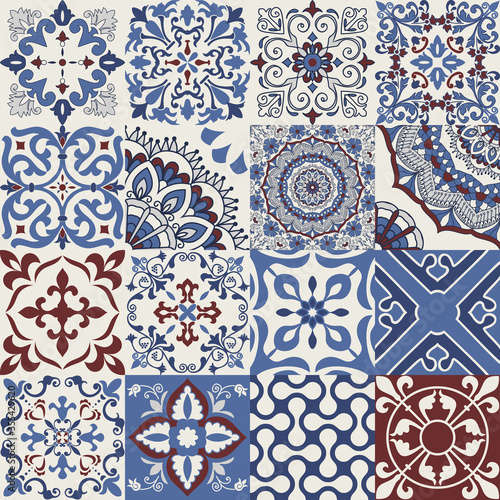 Set of 16 tiles Azulejos in blue, brown. Original traditional Portuguese and Spain decor. Seamless patchwork tile with Victorian motives. Ceramic tile in talavera style. Gaudi mosaic. Vector
