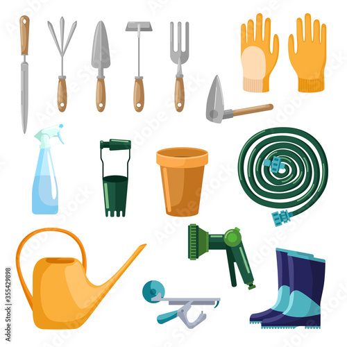 Set of professional tools care garden isolated on white background in flat style. Collection scoop, gloves, pot, hose, spray, watering can, boots. Kit farm symbols