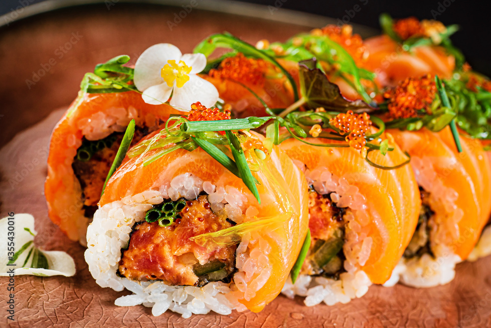 creative sushi set with edible flowers creative sushi set with edible flowers