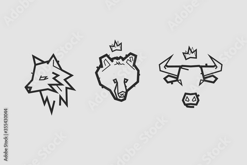 3 vector logos with animals. Fox or wolf, bear and bull.
