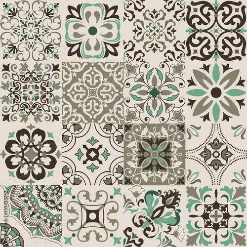 Set of 16 tiles Azulejos. Original traditional Portuguese and Spain decor. Seamless patchwork tile with Victorian motives. Ceramic tile in talavera style. Gaudi mosaic. Vector