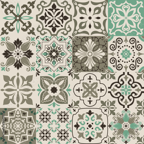 Set of 16 tiles Azulejos.. Original traditional Portuguese and Spain decor. Seamless patchwork tile with Victorian motives. Ceramic tile in talavera style. Gaudi mosaic. Vector