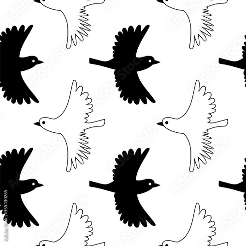 Little birds seamless pattern. Black and white vector background.