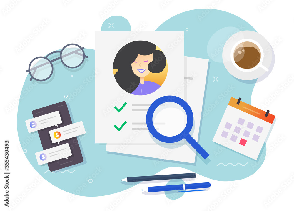 Personal interview data investigation document on work desk or recruitment test application with approval check mark on workplace vector flat cartoon, human resources or resume research concept image Personal interview data investigation document on work desk or recruitment test application with approval check mark on workplace vector flat cartoon, human resources or resume research concept image