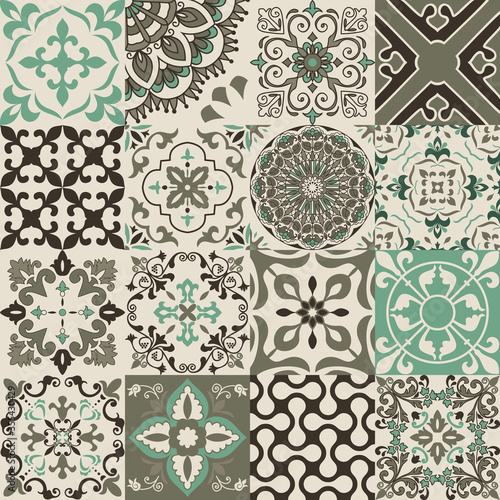 Set of 16 tiles Azulejos. Original traditional Portuguese and Spain decor. Seamless patchwork tile with Victorian motives. Ceramic tile in talavera style. Gaudi mosaic. Vector