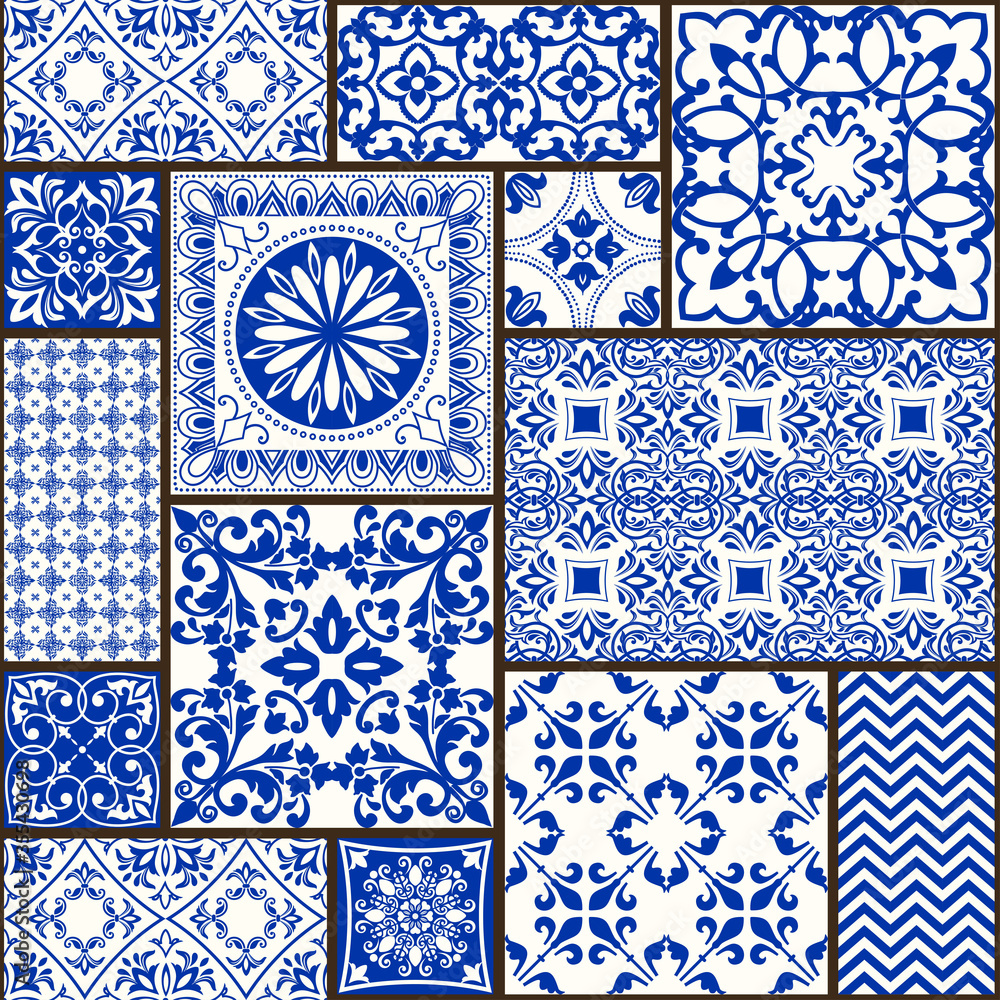 Seamless patchwork tile with Victorian motives. Majolica pottery tile, colored azulejo, original traditional Portuguese and Spain decor. Vector illustration for print wallpaper, fabric, paper, tile