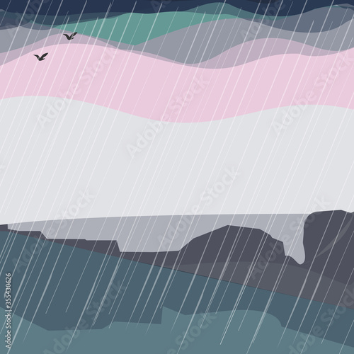 Rainy embankment landscape. Vector Illustration