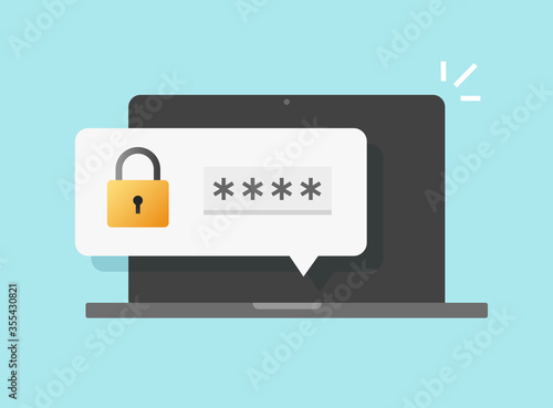 Password security access push notice on laptop computer or verification code notification on pc screen for authentication vector flat cartoon icon, private authorization symbol idea modern image