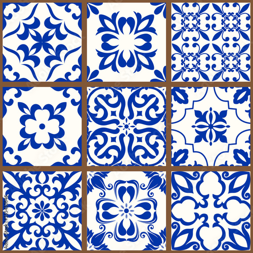 Collection of 9 colorful tiles. Seamless patchwork tile with Victorian motives. Majolica pottery tile, blue and white azulejo, original traditional Portuguese and Spain decor. 