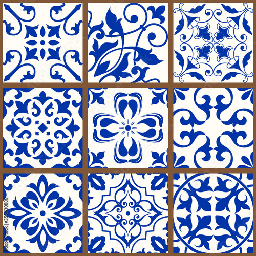 Collection of 9 colorful tiles. Seamless patchwork tile with Victorian motives. Majolica pottery tile, blue and white azulejo, original traditional Portuguese and Spain decor. 