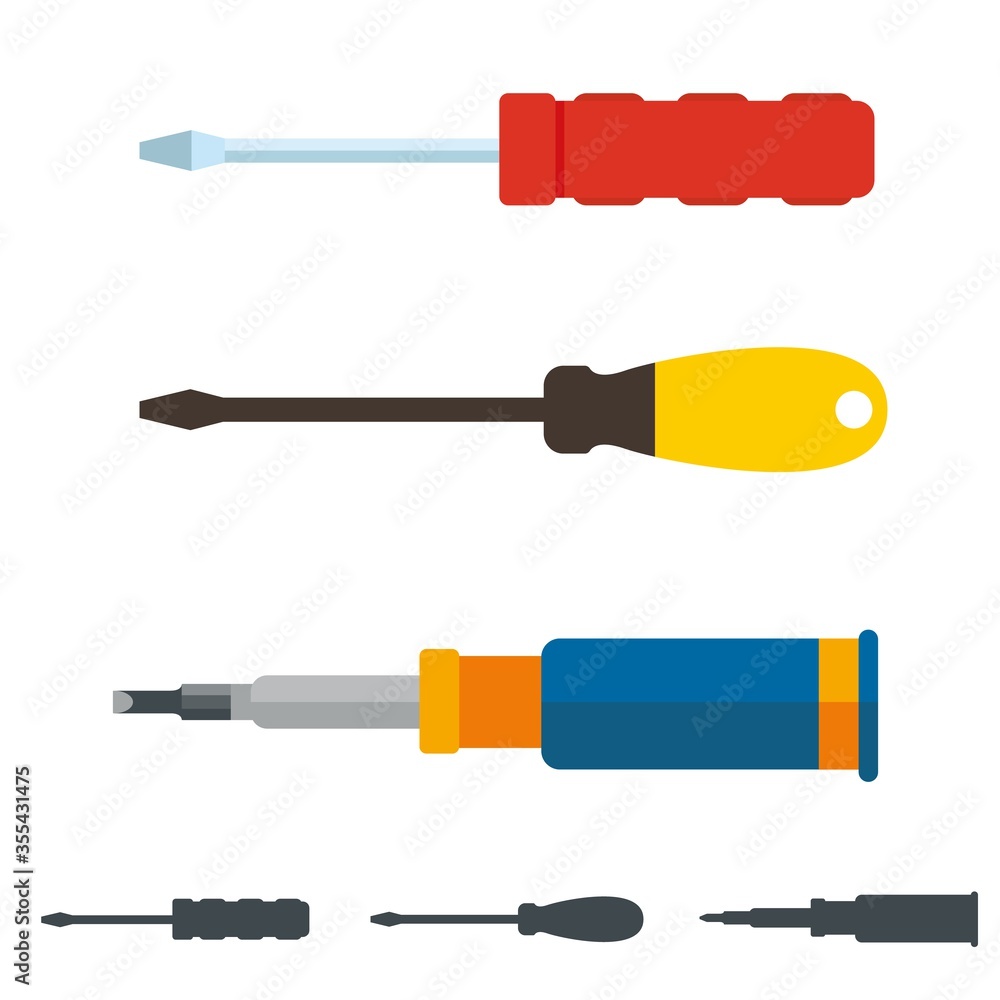 Set of three different screwdrivers. Flat style flat head turnscrew vector illustration.